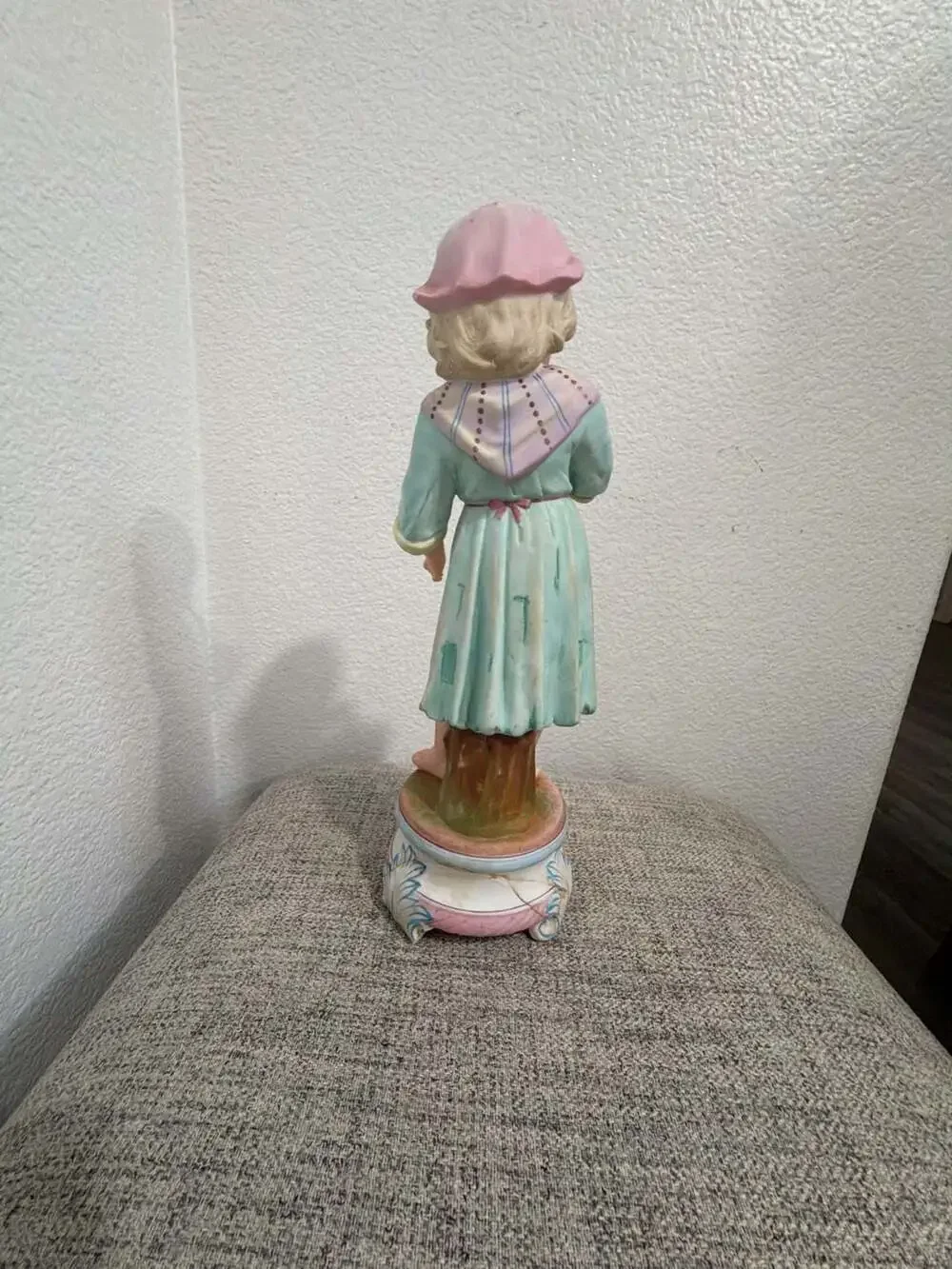 Antique German Bisque Porcelain Figurine Young Girl in Bonnet Holding Cloth